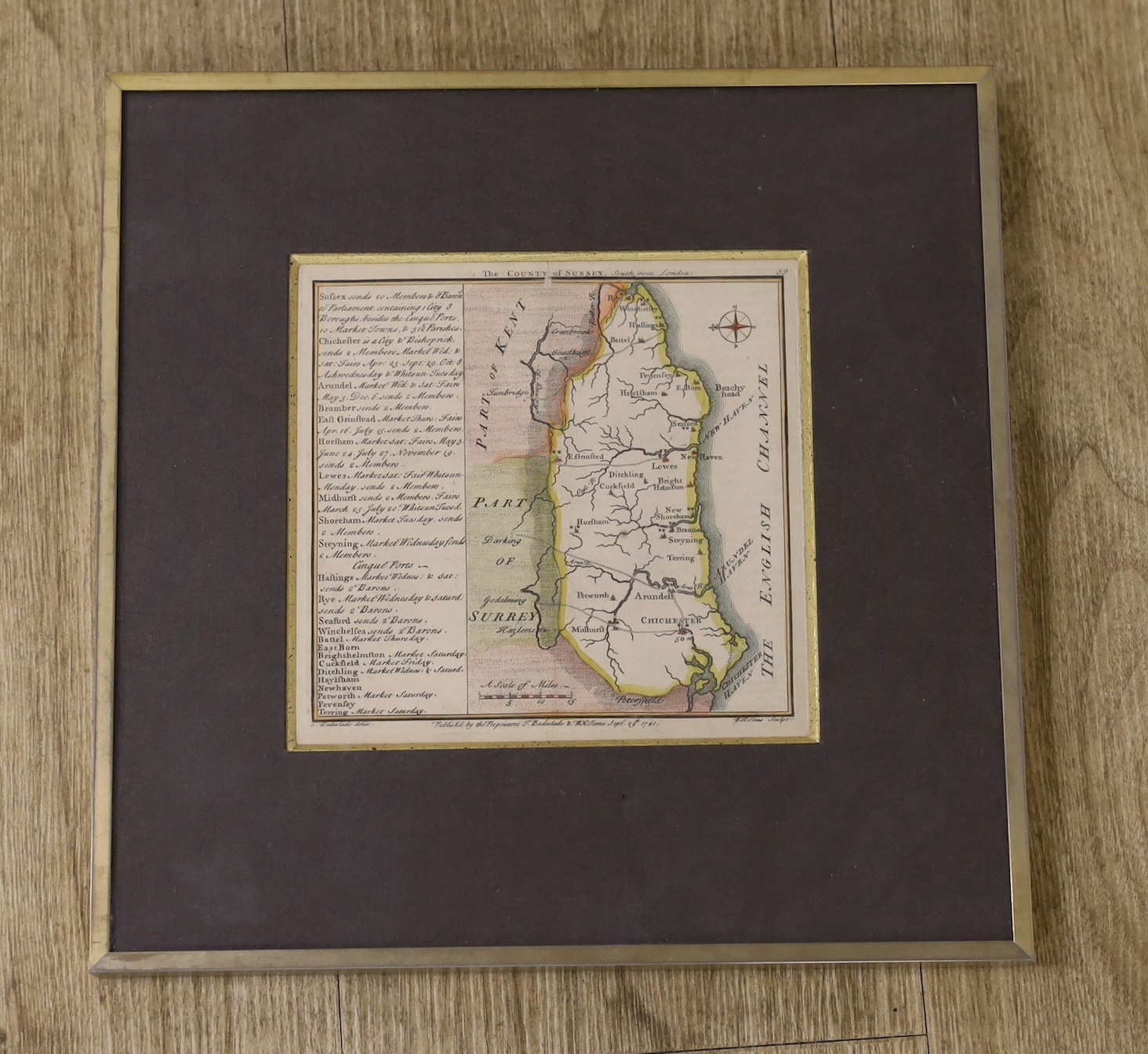 Toms after Badeslade, coloured engraving, Map of the County of Sussex 1741, 15 x 16cm